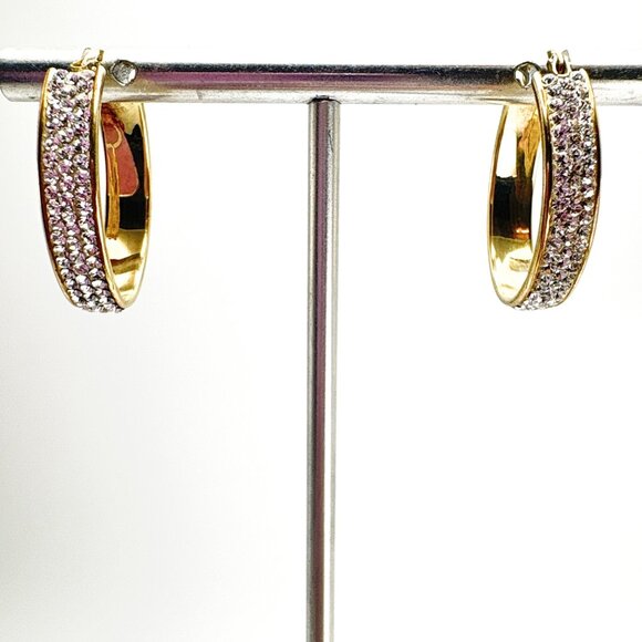 14K & Sterling Silver 925 Cubic Zirconia Elongated Hoop Earrings Size 1" Length - Picture 1 of 13